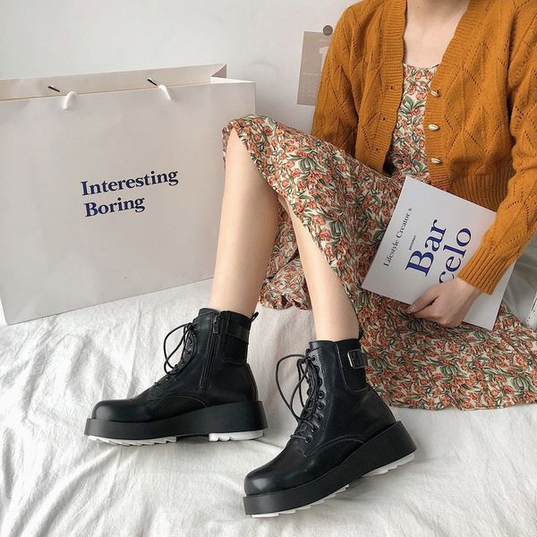 

women boots ankle shoes winter autumn plush pu leather lace up low heels woman fashion casual shoe sewing ladies 2020 female, Black