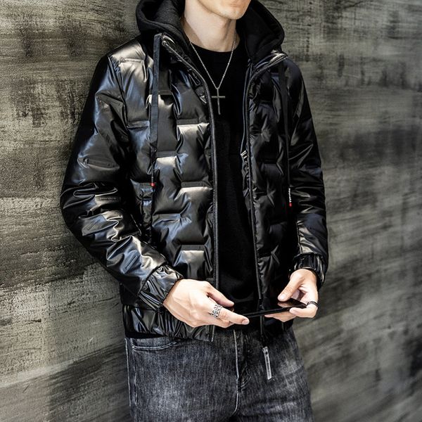 

Men's light brand bright face short white duck down hooded et men's, Black