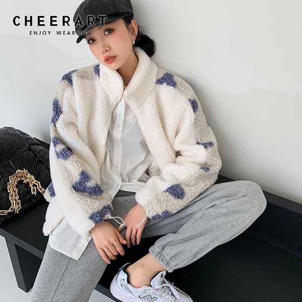 

cheerart winter white fleece jacket women stand collar shearling jacket drawstring zipper up fur coat korean fashion clothing, Black
