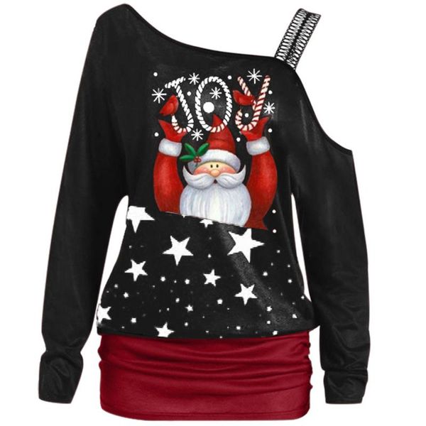 

women christmas t-shirts fashion off shoulder pullover santa claus printed long sleeves casual lady tee shirt femme, White