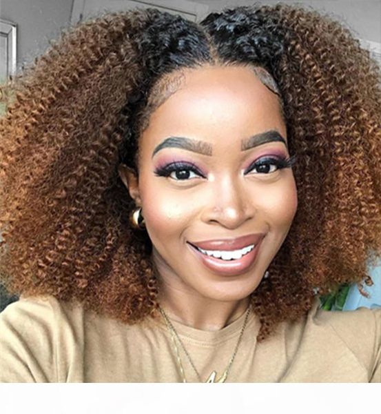 

afro kinky curly wig honey blonde ombre u part human hair wigs for black women 1b 27 brazilian remy hair wig 150% density, Black;brown