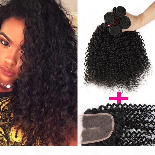 

8a brazilian kinky curly virgin hair 3 bundles with 1 lace closure brazilian peruvian malaysian mongolian curly virgin hair, Black