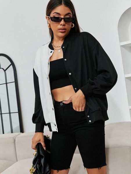 

two tone drop shoulder bomber jacket x4js#, Black;brown