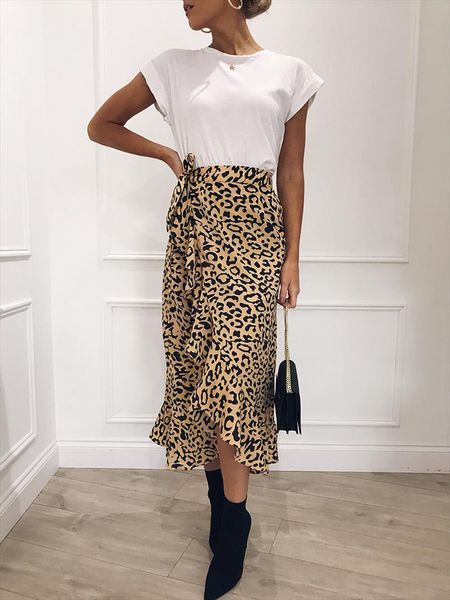 

new fashion women long sleeve leopard print boho long maxi dress lady casual skirt high waist plus size, Black