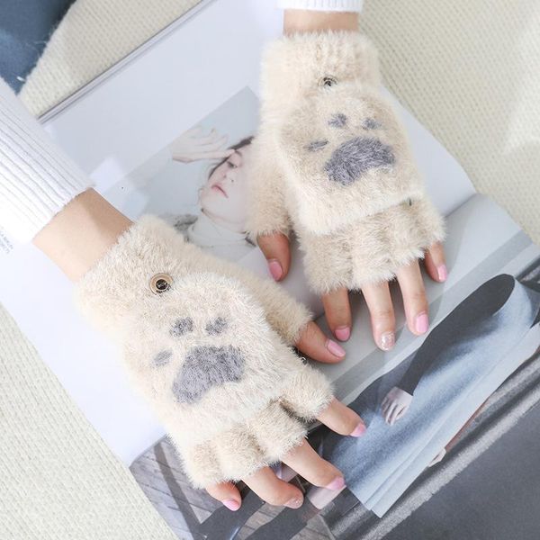 

women flip half finger plush thick cute cartoon cat claw touch screen driving gloves winter warm soft fur knit mittens i1, Blue;gray