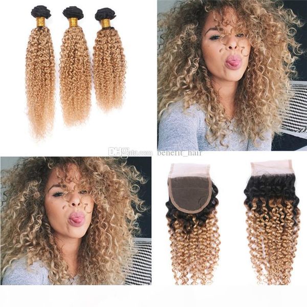

ombre 1b 27 curly hair bundles with lace closure 4x4 honey blonde kinky curly hair weaves with lace closure 4pcs lot, Black;brown