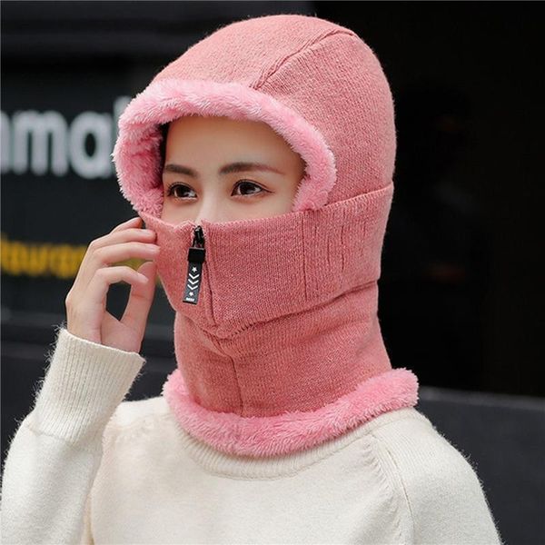 

cycling caps & masks winter ladies ring hat with full face mask windproof women hats plush warm breathable zipper creative outdoor facemask, Black