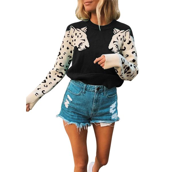 

designer womens leopard sweater fashion pullover long sleeves female patchwork printed sweater, White;black