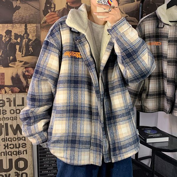 

2021 new men's plaid printed winter new sea woolen coat woman warm clothing japanese streetwear fashion coats hrxc, Black