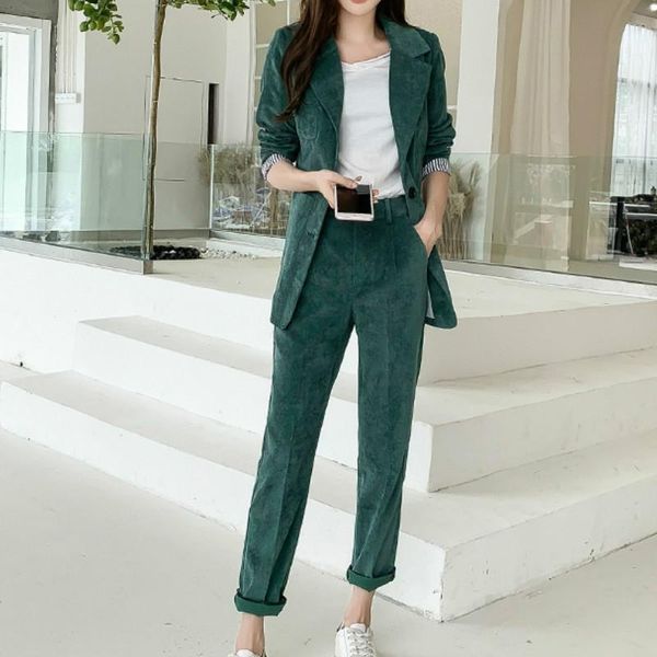 

2021 spring autumn fashion womens suit corduroy 2 piece set blue gray button blazers with long pants office lady wear plus size, White