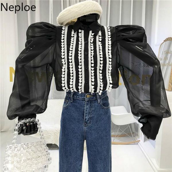 

neploe blouse women 2020 spring retro single breasted mesh chiffon puff sleeve ladies shirt loose perspective blusas 1a1841, White