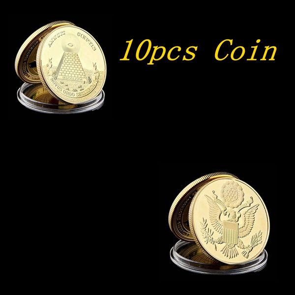 

10pcs 24k gold plated coin american eagle masonic craft annuit coeptis commemorative badge medallion collection physical gift