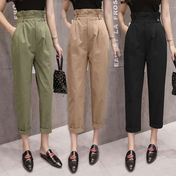 

spring and autumn 2019 high double waist flower bud 9 point harem student work casual pants, Black;gray