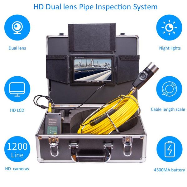 

20m cable dual lens drain pipe video inspection camera system 42mm high resolution industrial camera 7inch