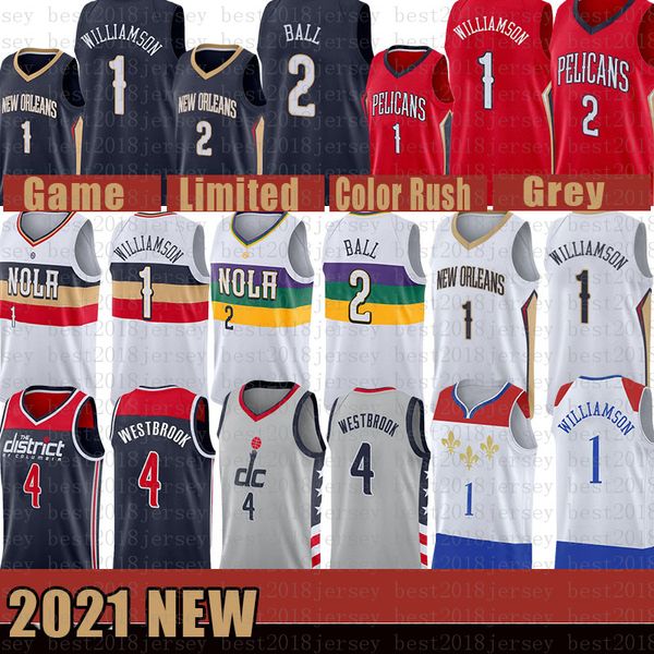 

2021 new basketball jersey washington wizards new mens orleans pelicans zion 1 williamson lonzo 2 ball russell 4 westbrook grey, Black;red