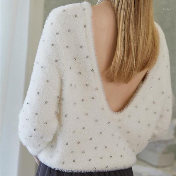 

black and white color knit sweater women's o-neck back v long sleeve loose casual pull with diamond decoration 2020 new1, White;black