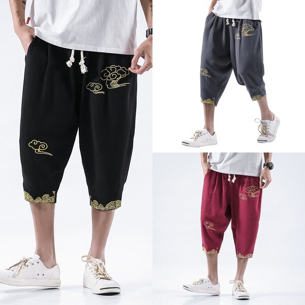 

summer embroidered trousersshorts and trousers cotton linen shorts men's harem pants embroidered capris youth leisure urban youth outdo, Blue