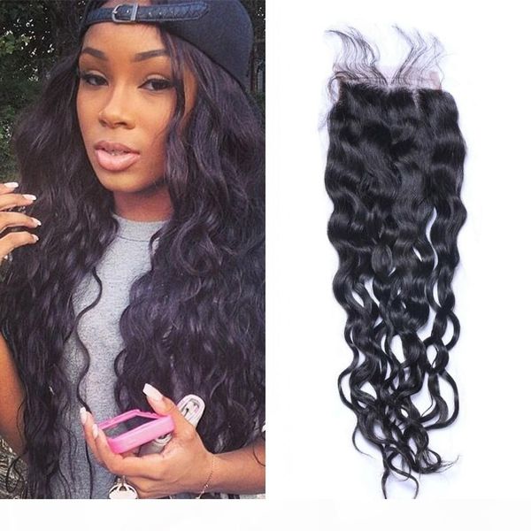 

4x4 lace closure with baby hair water wave malaysian human hair closure middle three part, Black;brown