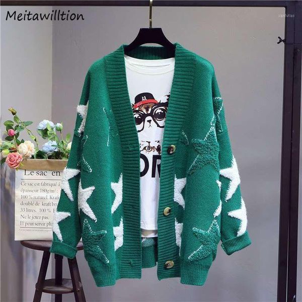 

casual women star embroidery knitted sweater 2020 elegant lady long sleeve warm cardigan plus size retro ladies jumper, White