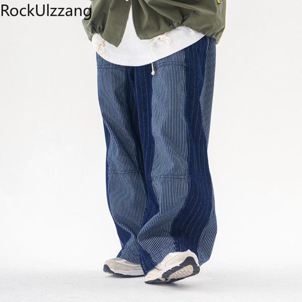 

contrast patchwork stripe harem drawstring denim pant streetwear hip hop tracksuit baggy jeans japanese men fashion plus size, Blue