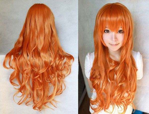 

2021 new selling anime wigs stage show, 80cm orange high-temperature silk air curling wig cover, Black