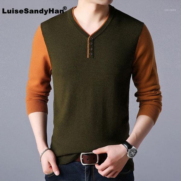 

button decoration stitching knitted sweater man v-neck long-sleeved elastic slim simple commuter sweater pullover man spring1, White;black