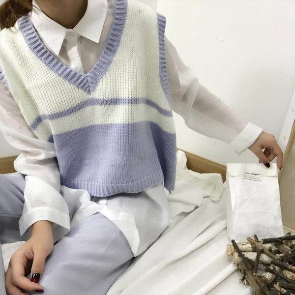 

harajuku casual camlisole female crop 2021 autumn knitted v neck loose striped color matching short pullover sweater vest, White;black