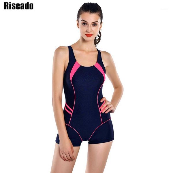 

riseado new 2020 sports one piece swimsuits swimwear women retro shorts backless bathing suits for women1, White;black