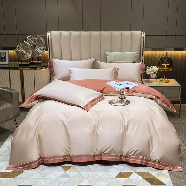 

new champagne brown splicing 600tc egyptian cotton simple embroidery l bedding set duvet cover flat/fitted sheet pillowcases