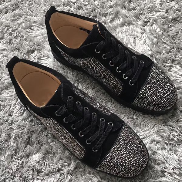 

famous brands low junior strass red bottom sneakers men,women outdoor rhinestone low cut casual walking gift party wedding eu 35-47, Black