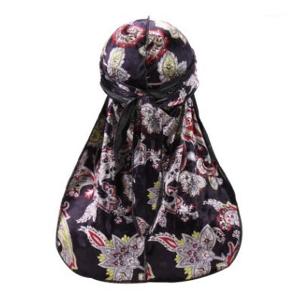 

2pcs/lot gold velvet printed durag lengthened lace-up stretch du rag long tail pirate skull cap tjm-d101