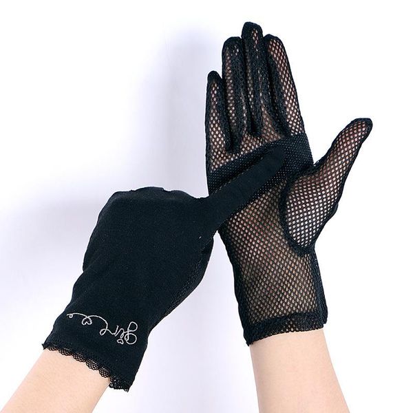 

wutiamou five fingers gloves summer women uv short thin cotton embroidery driving sunscreen glove lace breathable mesh touch screen cyc, Blue;gray