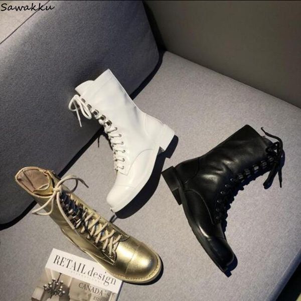 

boots fashion brand design autumn shoes woman cross-tied motorcycle leather flat side zipper cowboy ankle zapatos de mujer, Black