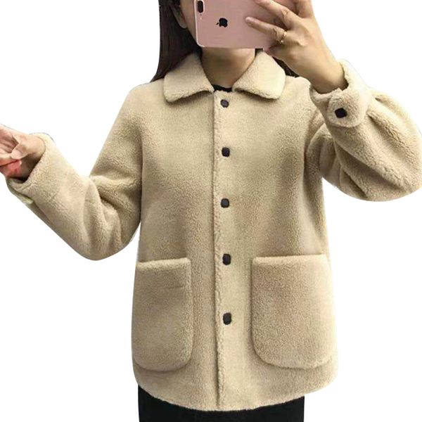 

women loose lamb wool jacket fur coat warm short lamb fur jackets length fur one-piece coat for women winter, Black
