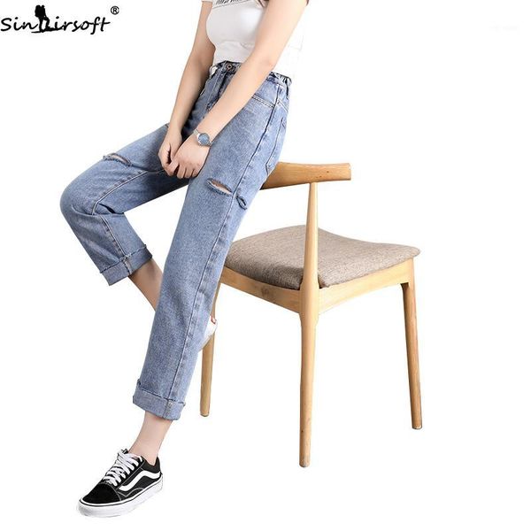 

2019 autumn new light color loose hole high waist jeans woman fashion trend was thin wild straight denim pants women1, Blue