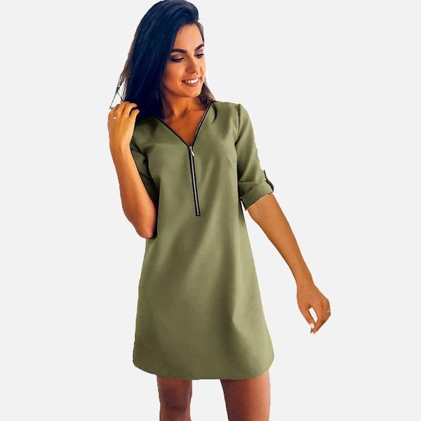 

zipper v-neck tunic women dress summer a line long sleeve casual female dresses 2020 spring solid plus size 5xl ladies tunics1, Black;gray