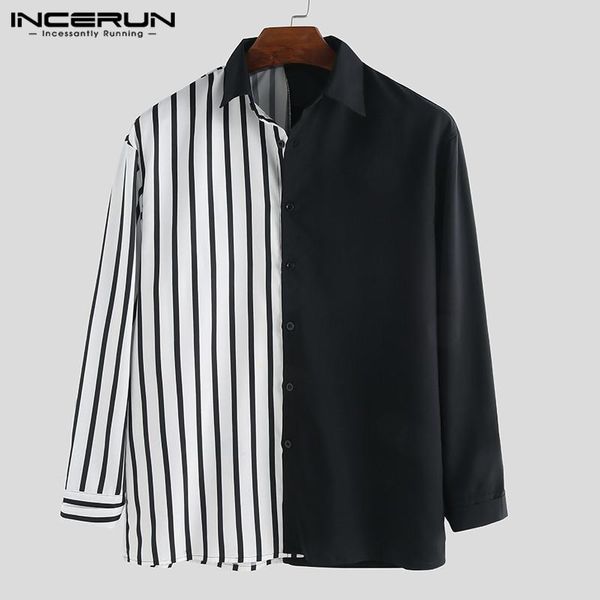 

incerun casual men shirt long sleeve striped patchwork chic lapel collar button personality brand shirts camisa masculina s-5xl, White;black