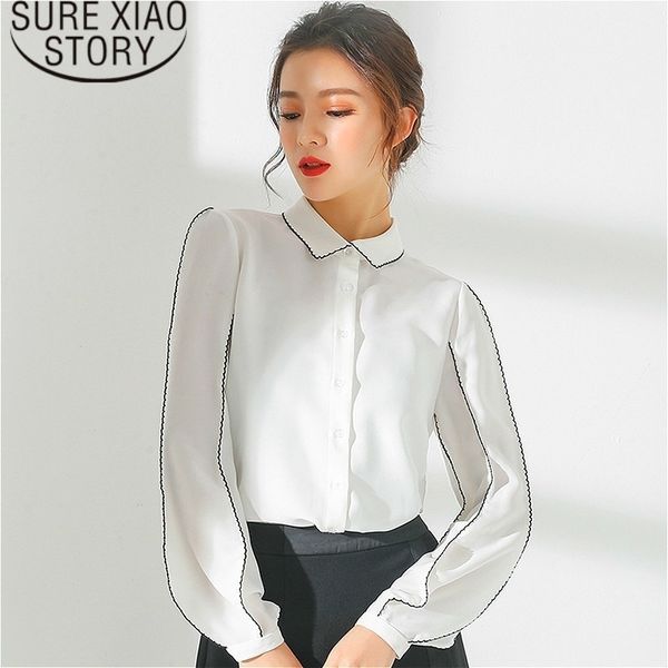 

blusas mujer de moda women blouses solid button turn-down collar chiffon blouse women long sleeve shirts 2148 50 y200828, White