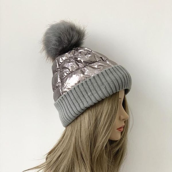 

women winter fashion beanies sweet cute hedging cap with faux fur pom fleece lined warm beanie for women down fabric, Blue;gray