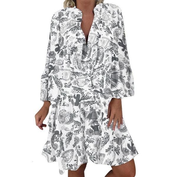 

women's ladies plus size loose print long sleeve v-collar button mini dress beach dresses summer seaside holiday clothes #gm, Black;gray