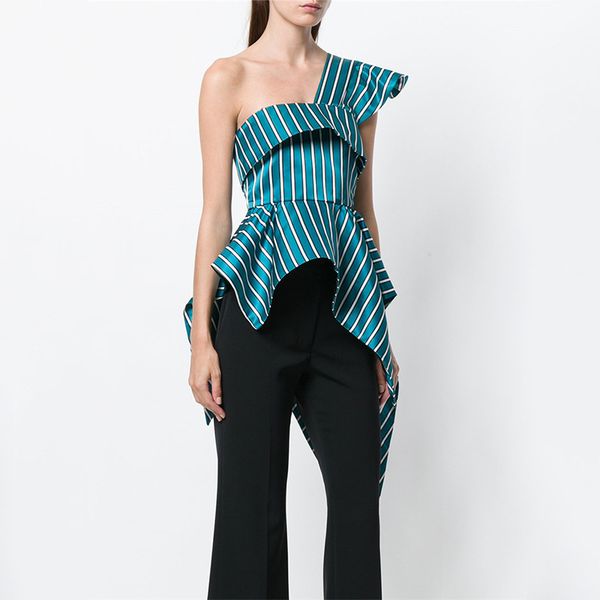 

asymmetric sleeveless striped shirt for women 2020 autumn new slim fit diagonal collar irregular hem satin top, White