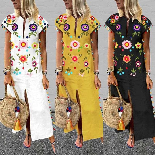 

2020 zanzea printed maxi dress women's summer sundress ladies long vestisos short sleeve tassels deep v neck split beach robe, Black;gray
