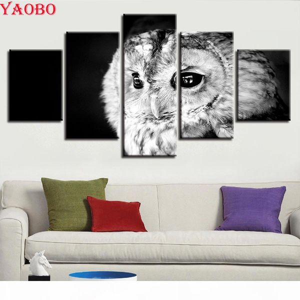 

оптовая 5d алмазные картина 5 шт owl животных черно-белые фотографии полный площади круглый drill вышивка крестом вышивка бисером ручной раб