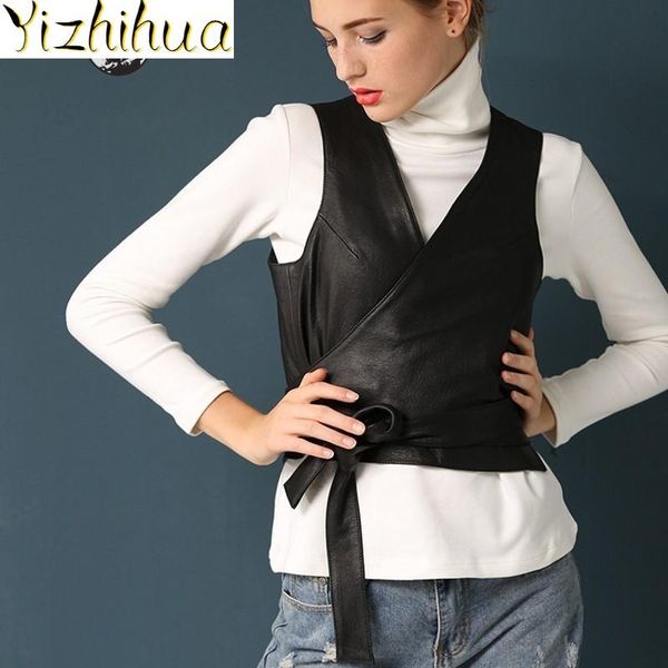 

women's vests office lady real elegant leather vest 2021 casual sheepskin sleeveless jacket streetwear lace up short waistcoat female s, Black;white