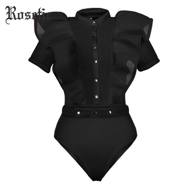 Rosetische schwarze Overalls für Frauen Gothic Combination Femme sexy Körper Frauen ein Stück Netzbodysuit Frauenkleidung Strampler T200702