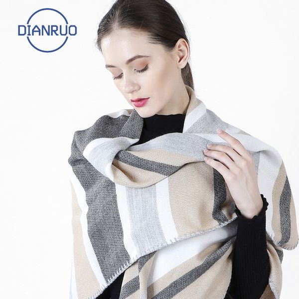 

dianruo stripe scarf women new two-sided scarves winter warm blanket pashmina light colour shawls and wraps n349 y201024, Blue;gray