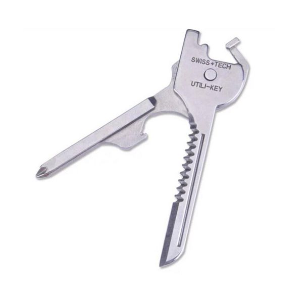 

outdoor 6-in-one folding mini pocket keychain multitool key shape bottle opener screwdriver serrated blade survival escape tool
