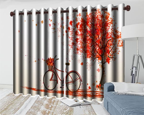 

3d modern blackout curtain beautiful maple leaf bicycle curtain romantic landscape modern decoration 3d living room curtain