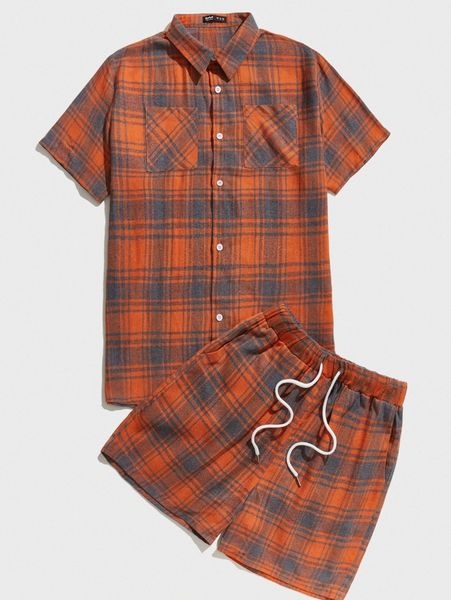 

romwe guys plaid button front pocket shirt & drawstring shorts i8ts#, Gray