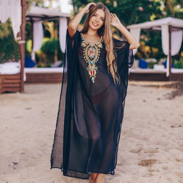 

2021 bohemian black embroidered summer beachwear chiffon kaftan beach woman tunic bath dress robe plage swim wear cover up q960, Black;gray